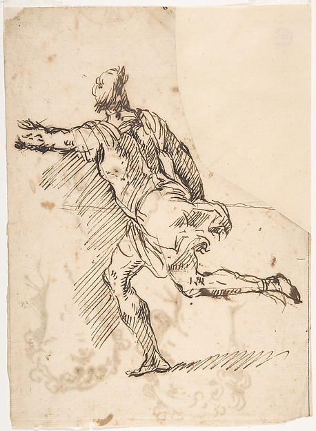 Male Figure Running (recto); Three Pen Studies of Male Heads (verso) — Micco Spadaro