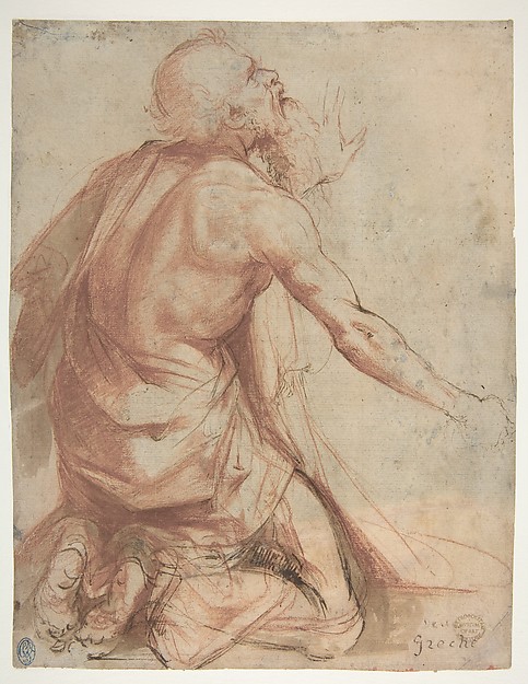 Kneeling Bearded Old Man (recto); Section of a Draped Limb and Sketches (verso) — Nosadella