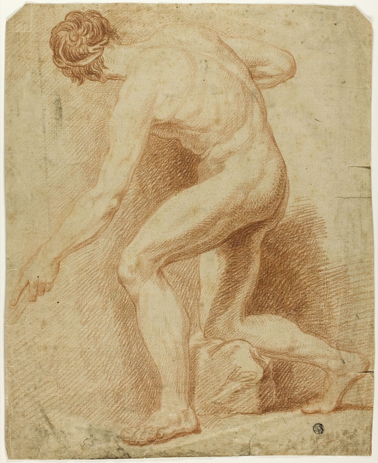 Academic Male Nude, Half-Kneeling and Seen from the Back — Unknown artist