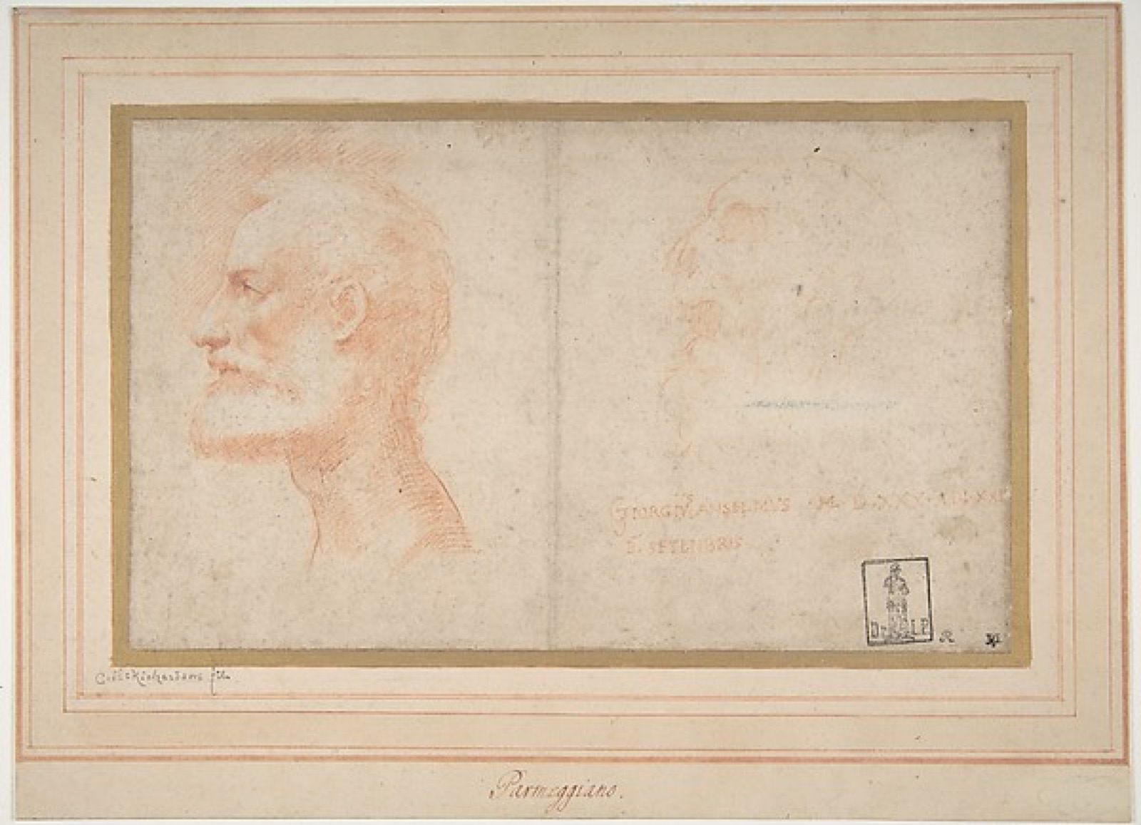 Head of a Bearded Man in Profile to Left, possibly the Portrait of the Poet Giorgio Anselmi (ca. 1459-1528), with Faint Sketch of a Skull-like Head — Parmigianino