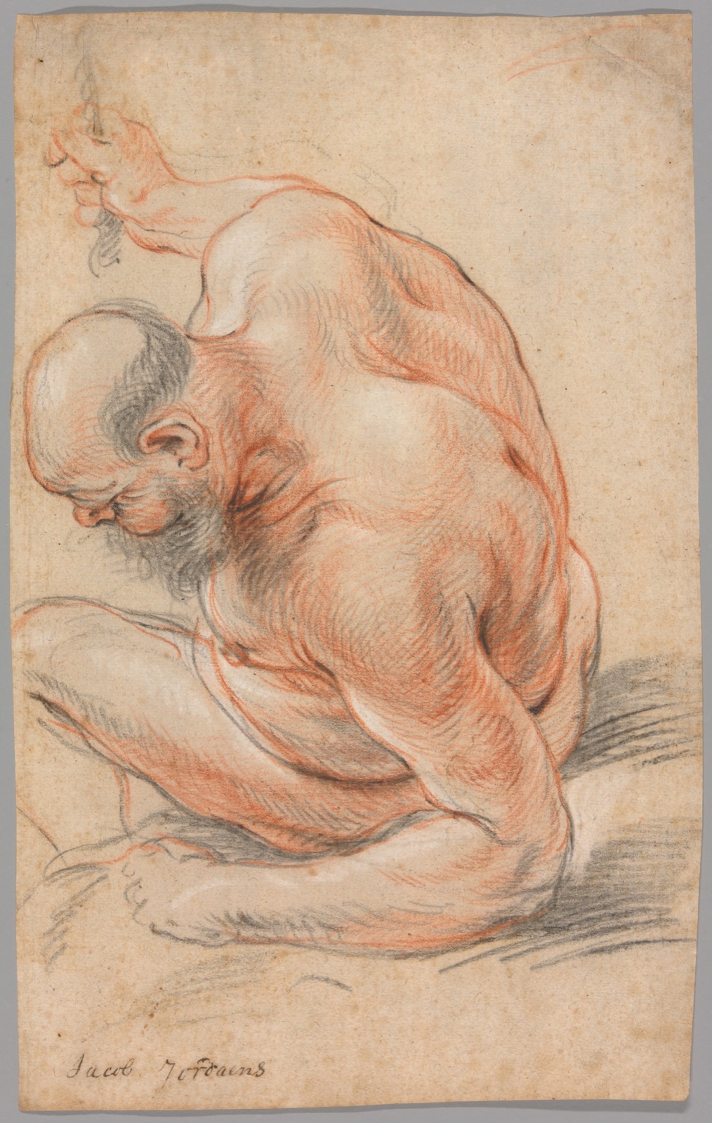 Nude Old Man Seated, Leaning on His Forearm, Facing Left — Jacob Jordaens