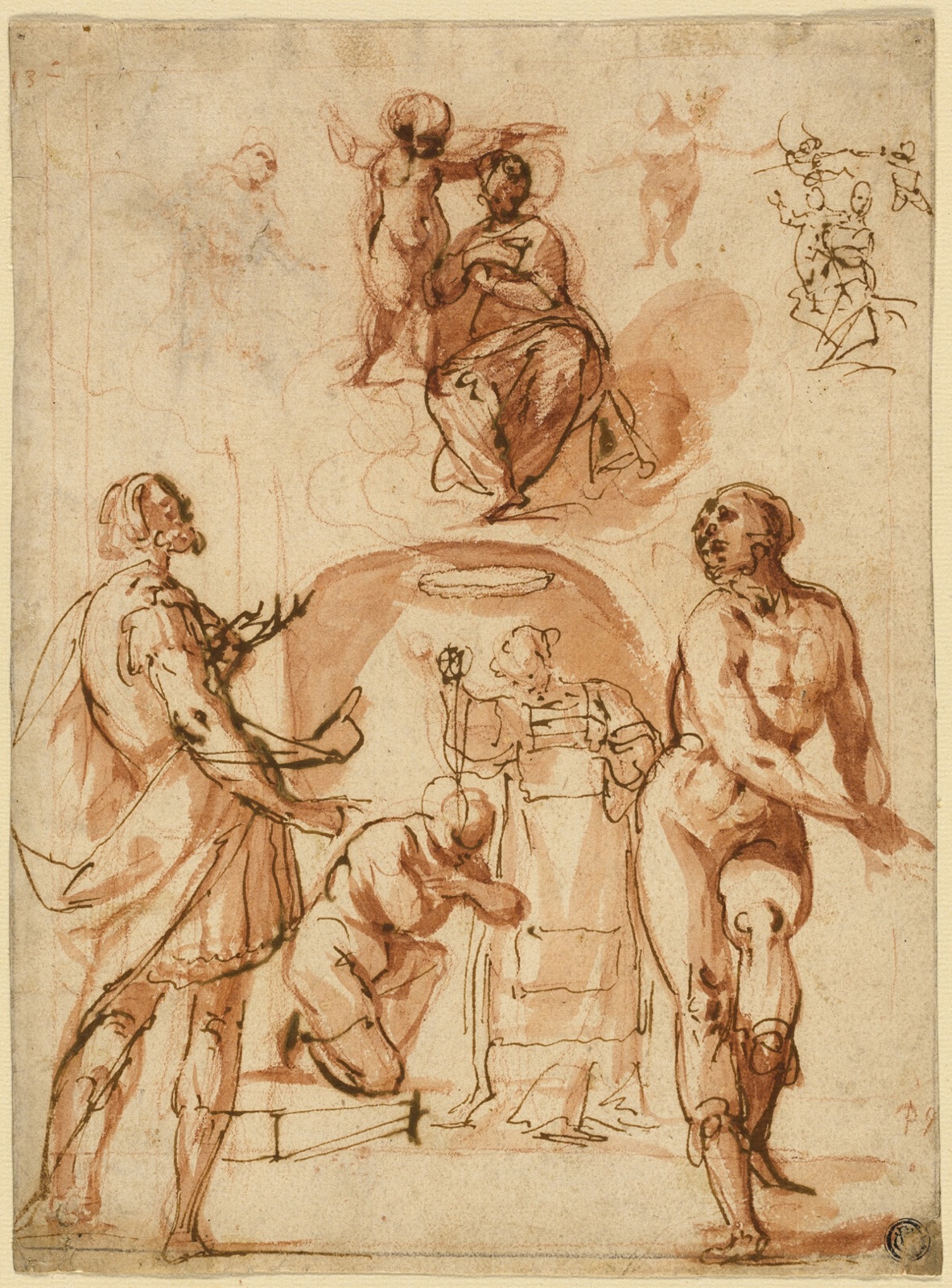 Sketches: Virgin and Child; Virgin and Child with Two Saints; Saint Baptizing Kneeling Figure — Giovanni Baglione