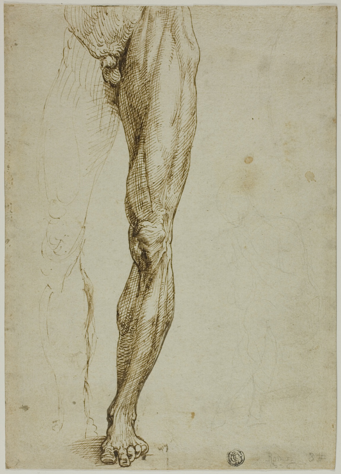 Male Figure Study, with Slight Sketch of Seated Figure — Follower of Michelangelo Buonarroti