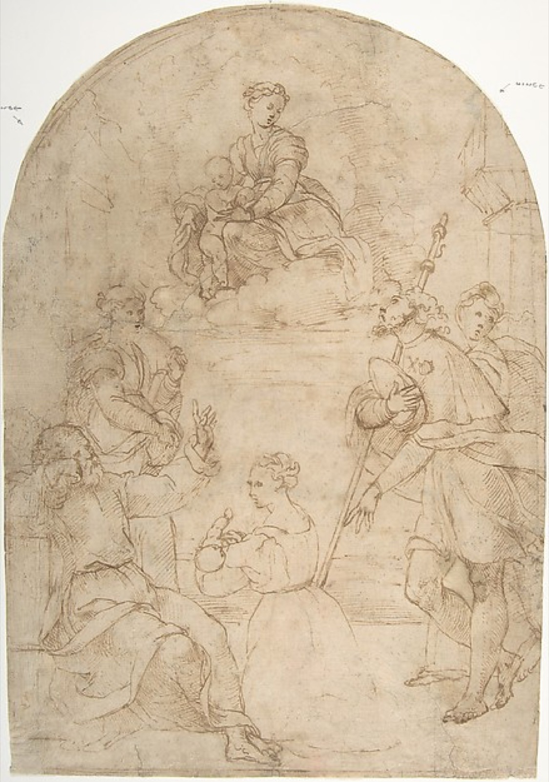 Saint Roch Recommending a Woman with a Sick Child to the Virgin (recto); Figure of a Man Holding a Book; Nude Figure of a Man (verso) — Unbekannter Künstler