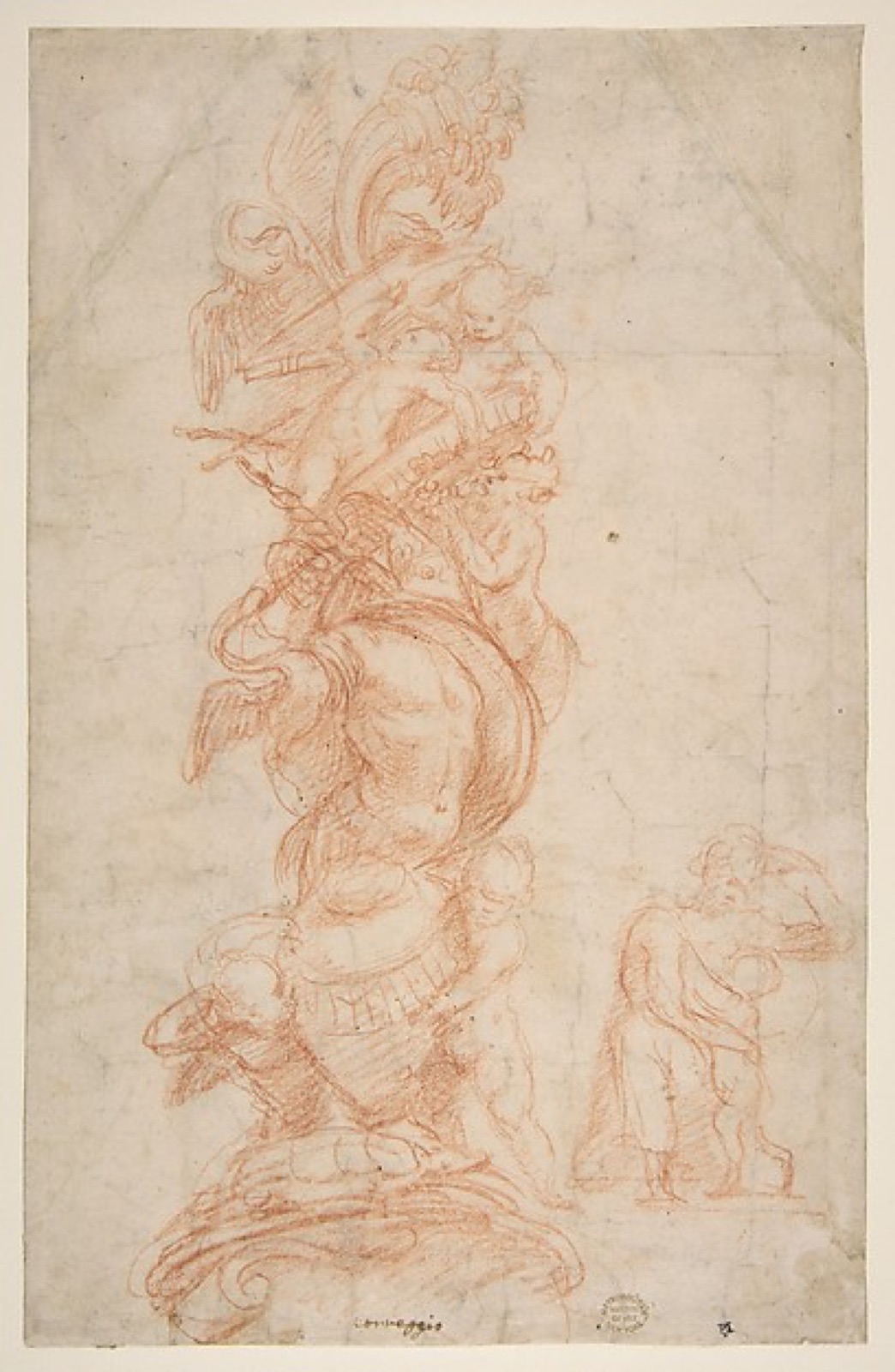 Design for the Decoration of a Pilaster (recto); Putti with Trophies and Seated Figure with Child (verso) — Giovanni Antonio da Pordenone