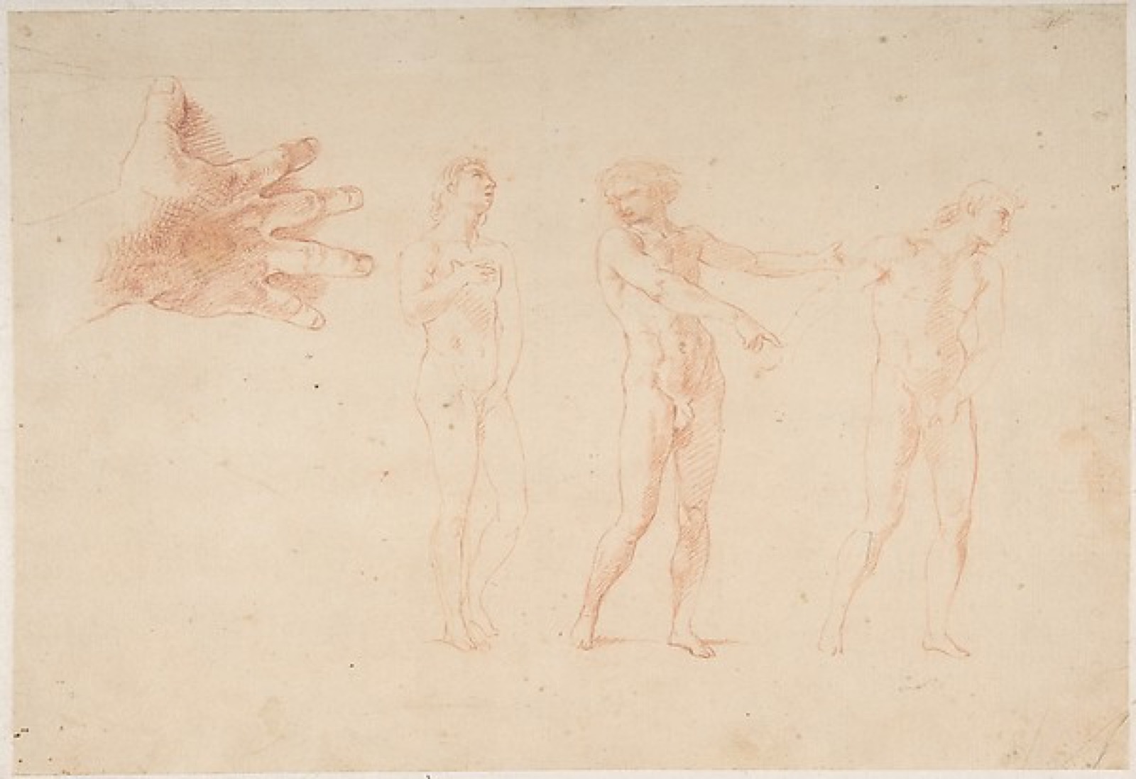 Three Nude Male Figures; Study of the Right Hand of the Figure on the Left — Pompeo Batoni
