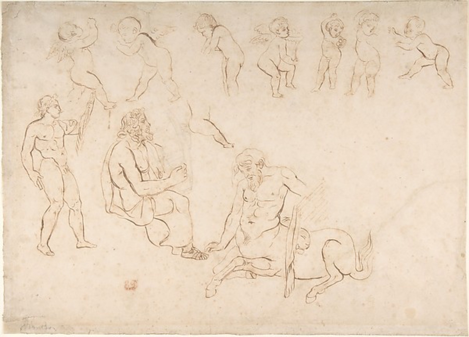Studies for the decoration of the Library, Palais Bourbon, Paris:  standing nude athlete; seated man with a lyre; centaur; and seven putti (three with wings) — Eugène Delacroix