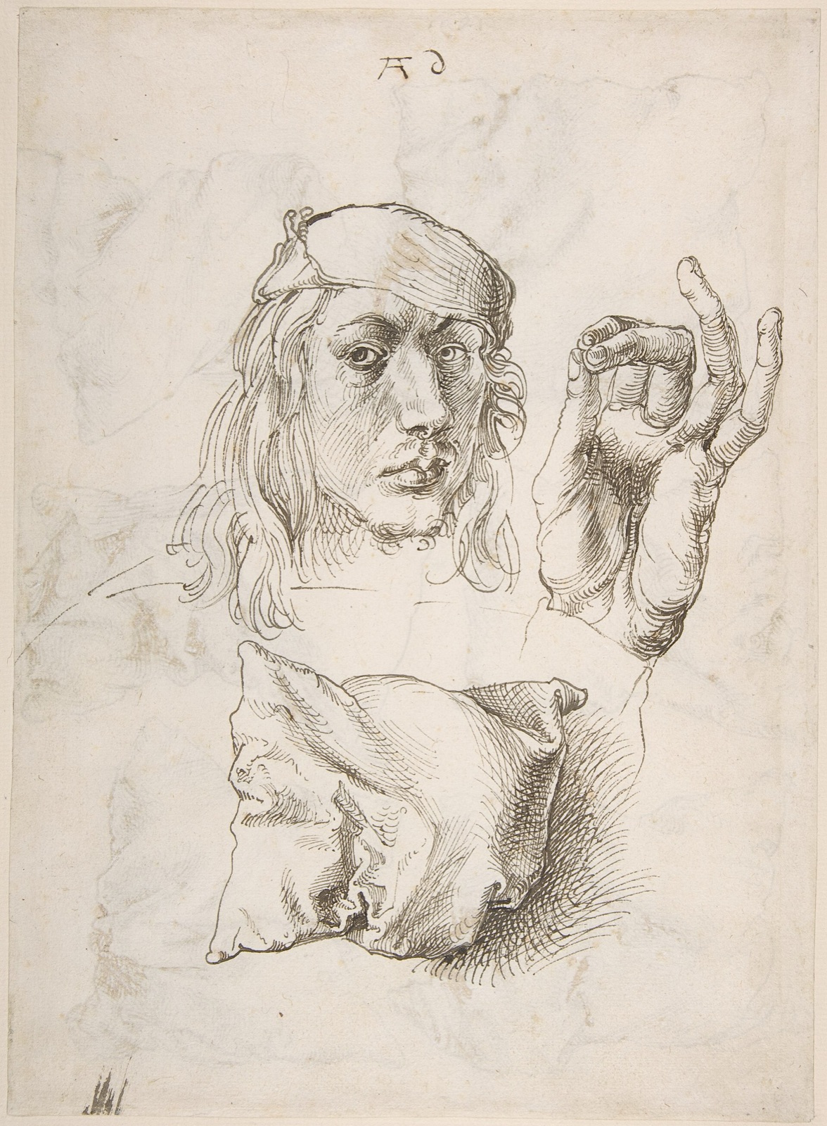 Albrecht Dürer, Self-portrait, Study of a Hand and a Pillow (MET 1975.1.862 recto) — Albrecht Dürer