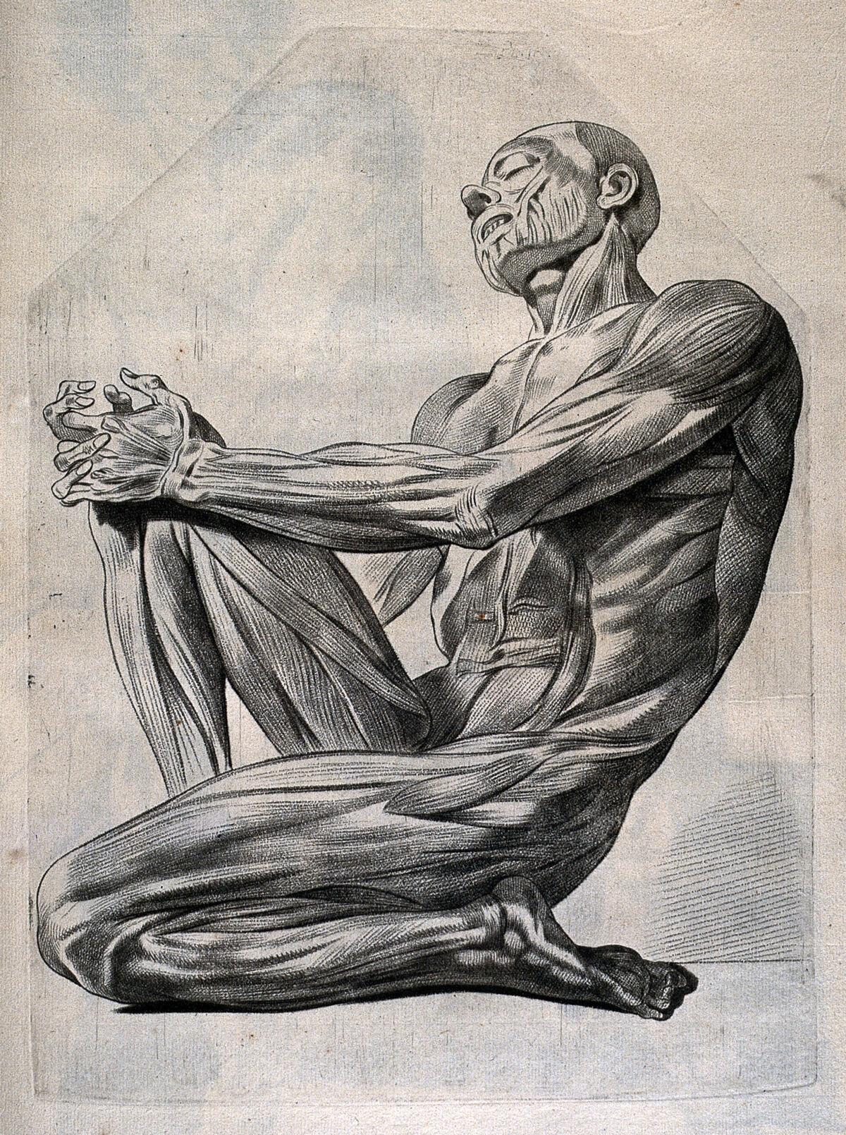 A kneeling écorché figure, clasping its right knee. Crayon manner print by or after J. Gamelin, 1778/1779. — Artiste inconnu