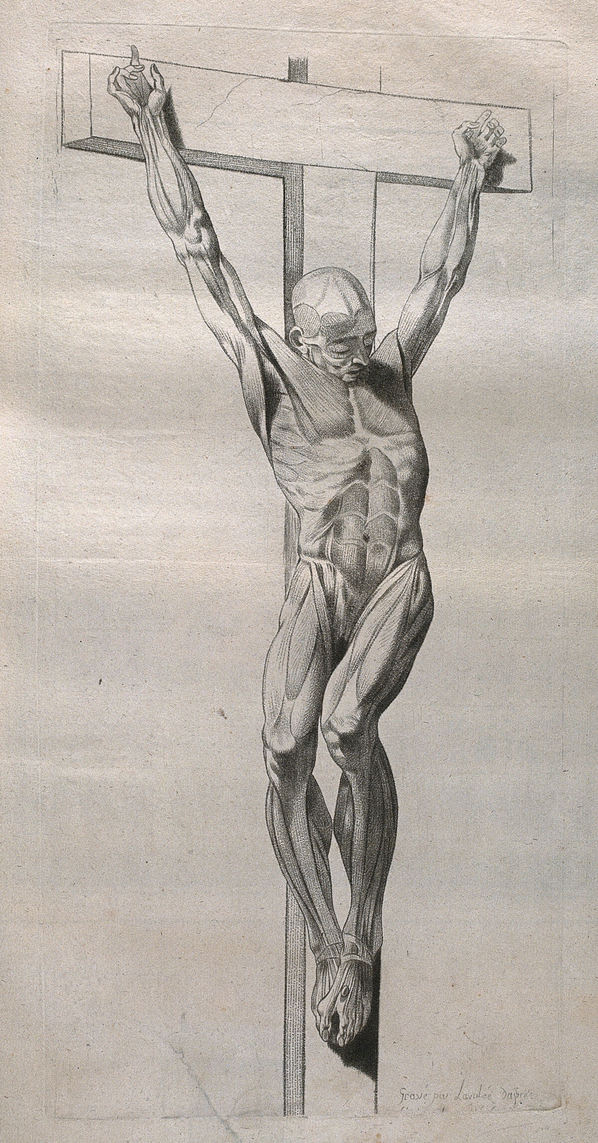 A crucified écorché figure. Stipple print by Lavalée after J. Gamelin, 1778/1779. — Artiste inconnu