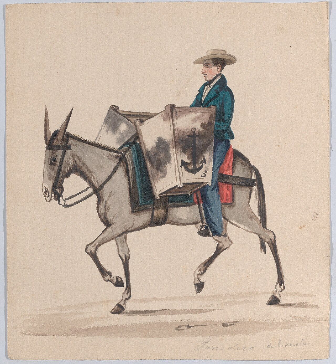A baker on horseback, from a group of drawings depicting Peruvian costume MET DP883522 — Attributed to Pancho Fierro