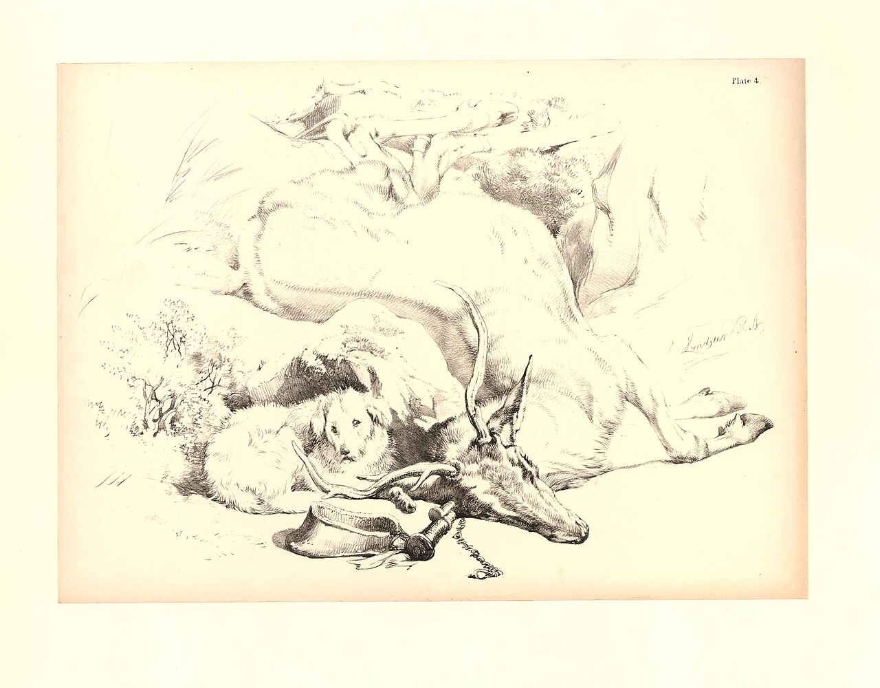 A Dead Stag and Rough Hound, Inverness-shire (BM 1866,0407.181) — After: Edwin Landseer Print made by: James Duffield Harding