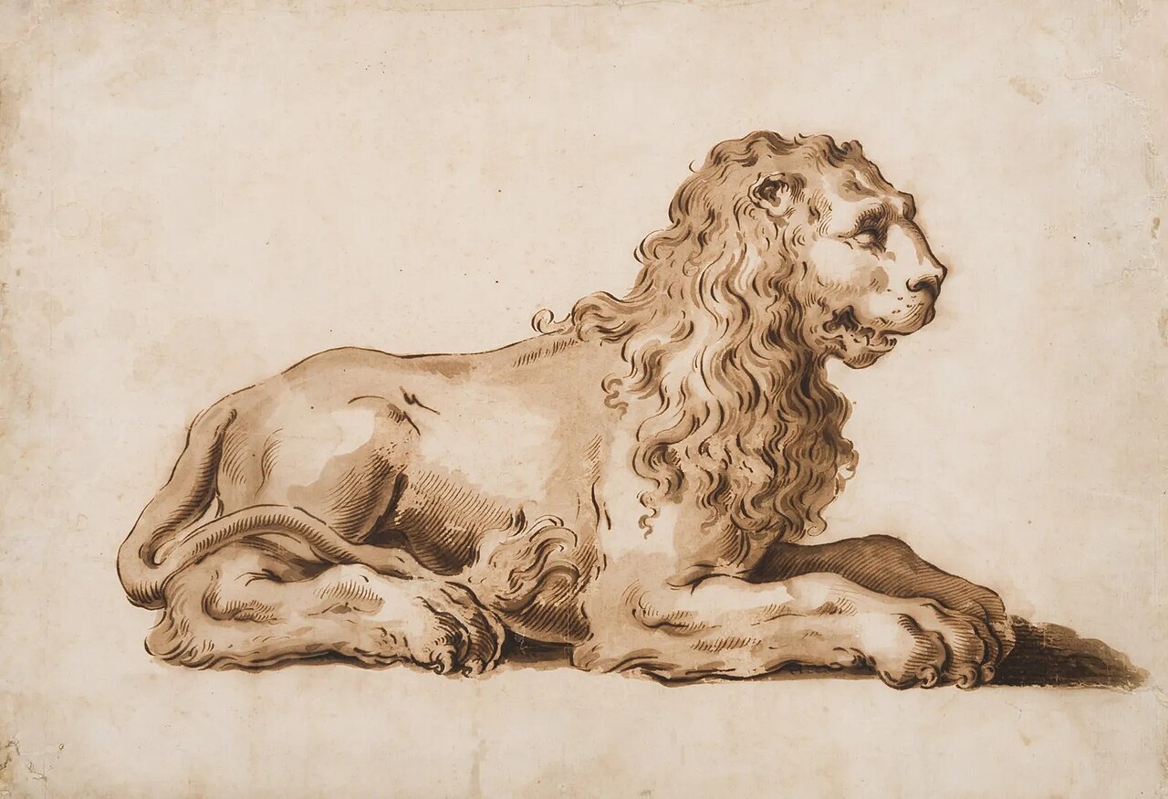 A Recumbent Lion by Pietro Antonio Novelli, pen and brown ink and brown wash — Pietro Antonio Novelli