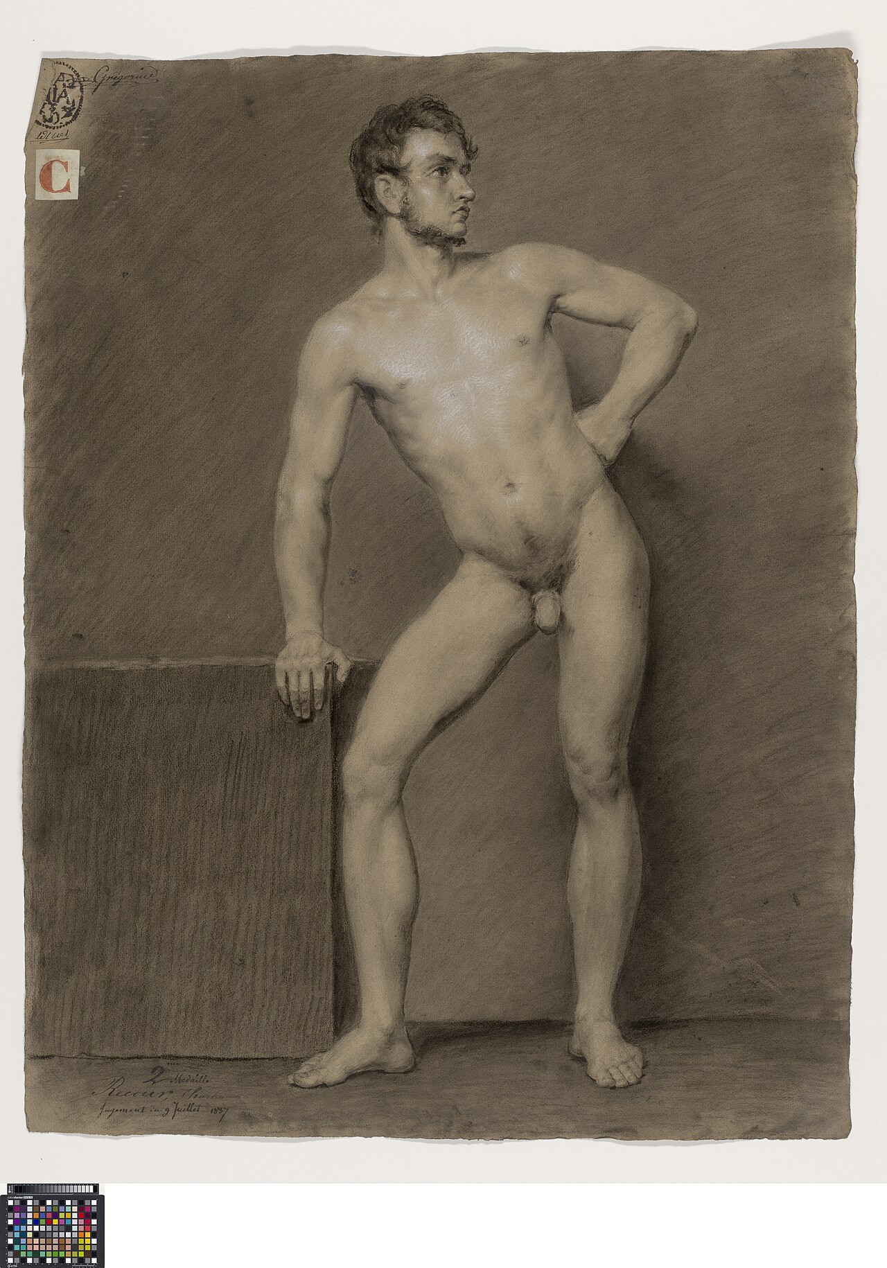 Academische studie naar levend model, staand mannelijk naakt, 1837, Charles Recour, Musea Brugge, 0016.GRO0219.II — Charles Recour