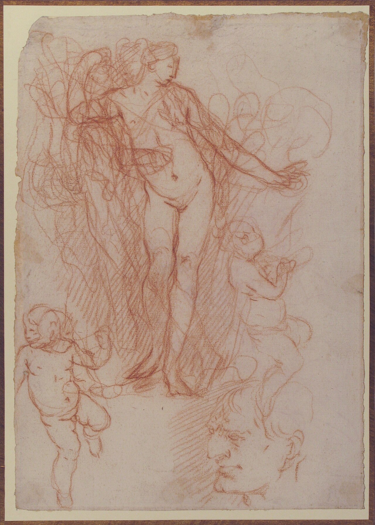 (R.)Figure Studies- Standing Nude Figure, Putti, and a Man's Head (V.) Figure Studies- A Flying and a Standing Man MET 67.95.2 RECTO — Giulio Carpioni