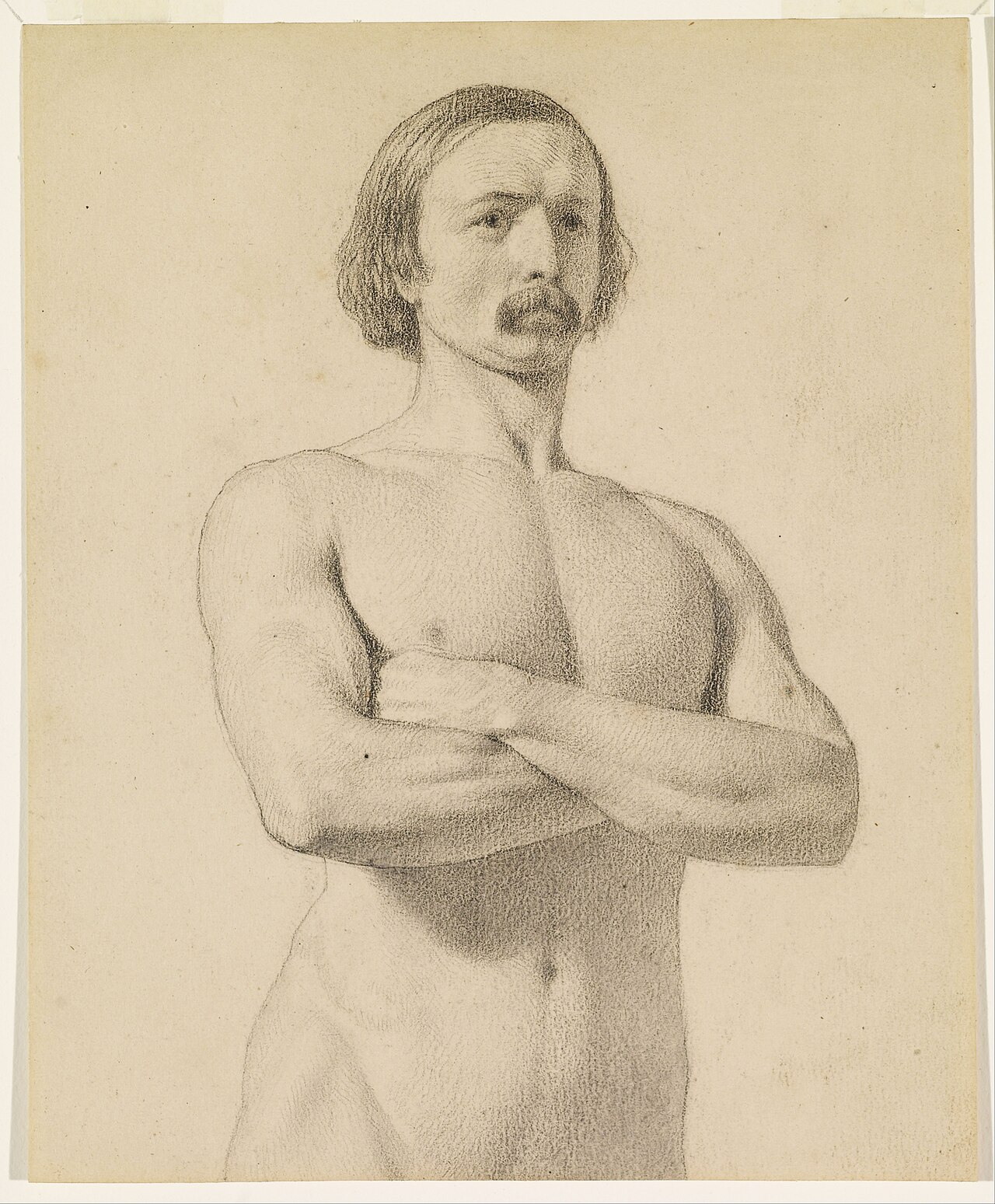 Ford Madox Brown - Male Nude - Academic nude Study, half-length with Moustache and Arms folded - Google Art Project — Ford Madox Brown