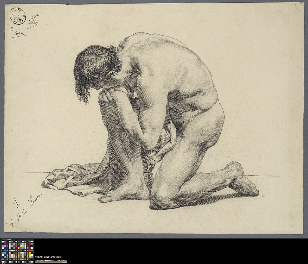 Academische studie naar prent, knielend mannelijk naakt met doek, 1877, Louis de Stecker, Musea Brugge, 0022.GRO0641.II — Louis de Stecker