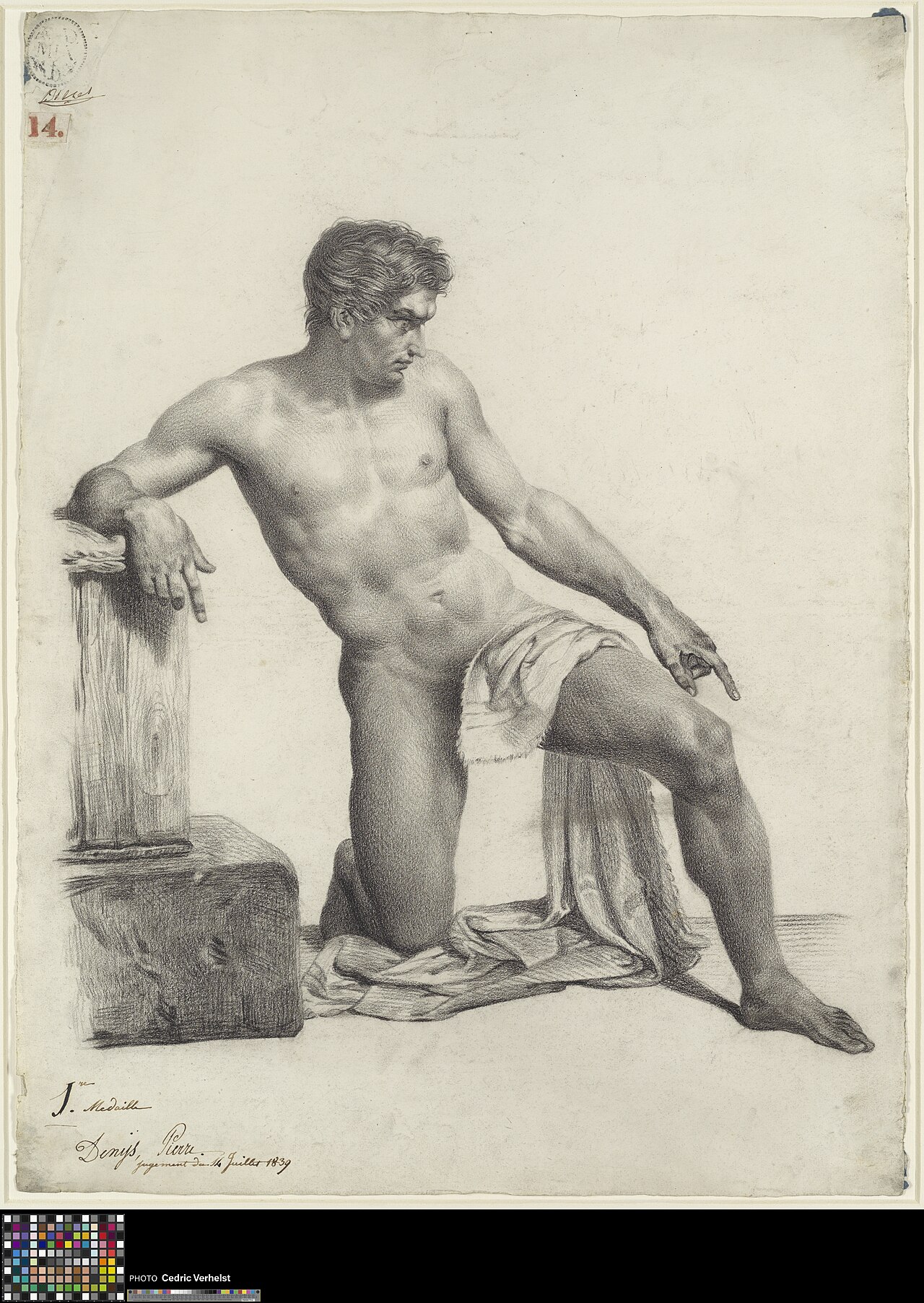 Academische studie naar prent, knielend mannelijk naakt, 1839, Pièrre Denis, Musea Brugge, 0022.GRO0351.II — Pièrre Denis