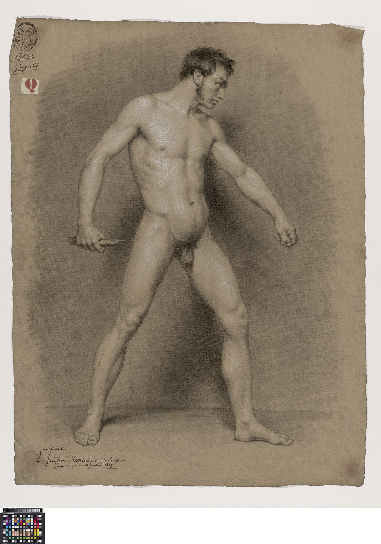 Academische studie naar levend model, staand mannelijk naakt, 1839, Antoon L. Joostens, Musea Brugge, 0016.GRO0225.II — Antoon Joostens