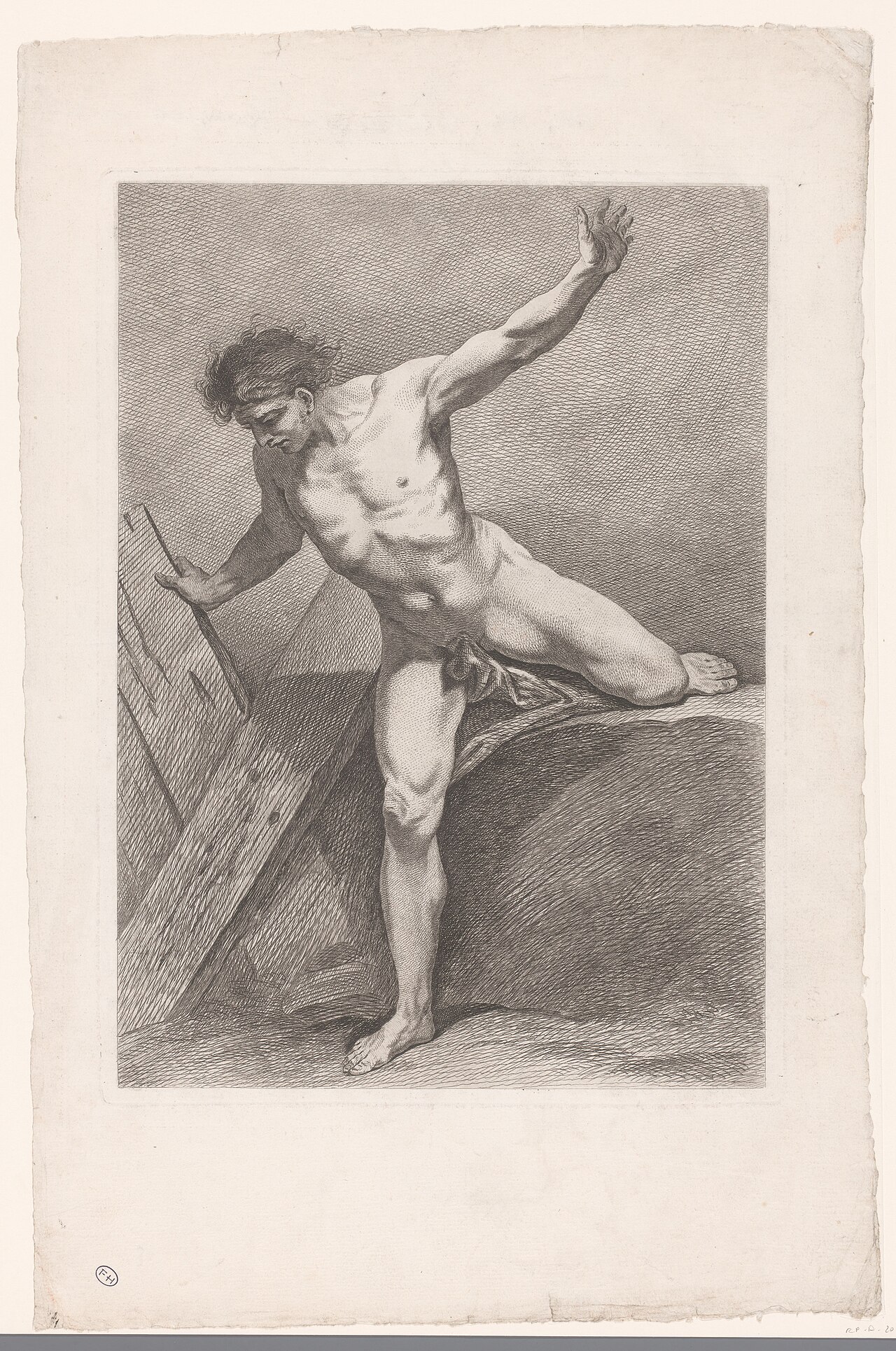 Academische studie van een op één been balancerend mannelijk naakt, RP-P-2014-14-2 — Unknown artist