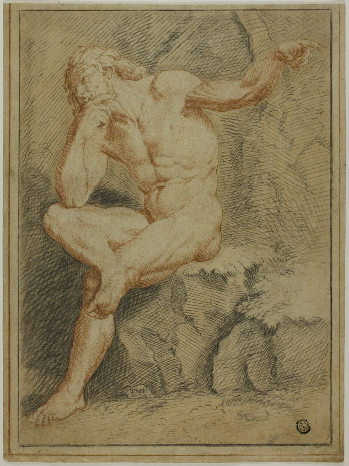 Seated Male Nude Pointing with Left Hand — Unbekannter Künstler