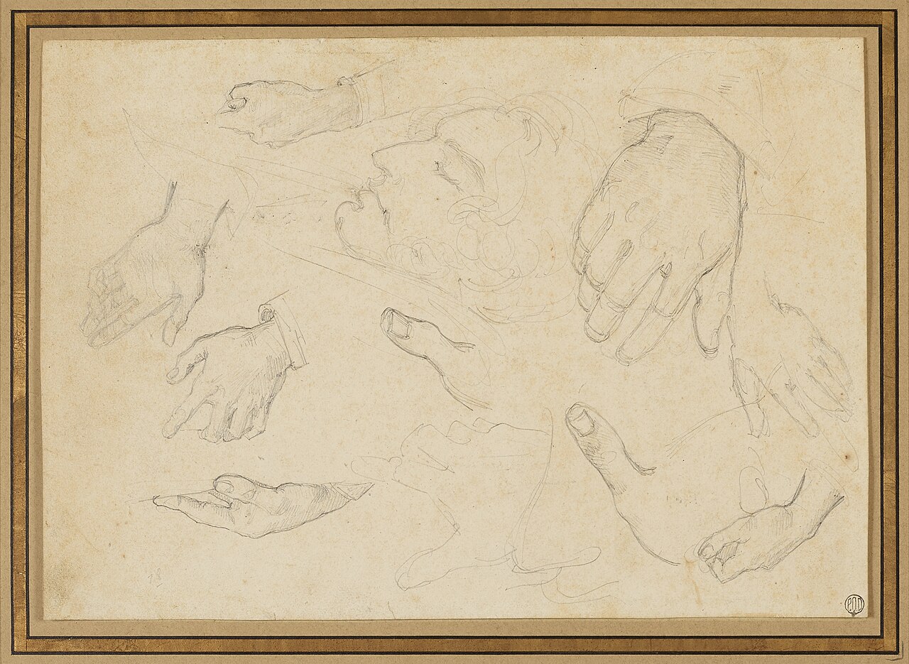 Etudes de mains et visage, PPD5727 — Théodore Attribué à Géricault