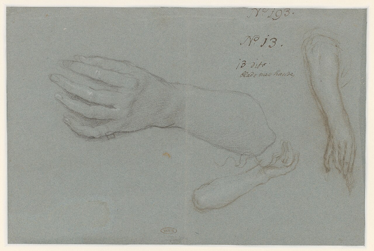 Een grote en twee kleine studies van een hand met onderarm, RP-T-00-452(V) — Artista ignoto