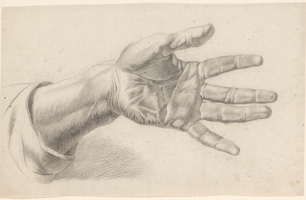 Academiestudie naar een gips van een antiek beeld detailstudie van een hand, RP-T-1988-40 — Unbekannter Künstler