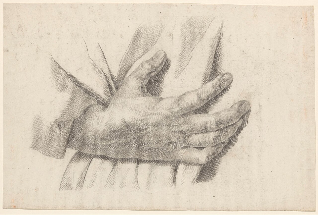 Academiestudie naar een gips van een antiek beeld detailstudie van een hand, RP-T-1988-39 — Artiste inconnu