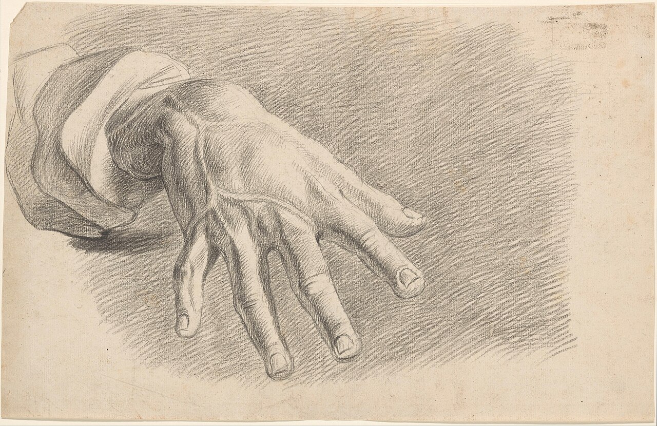 Academiestudie naar een gips van een antiek beeld detailstudie van een hand, RP-T-1988-41 — Artiste inconnu