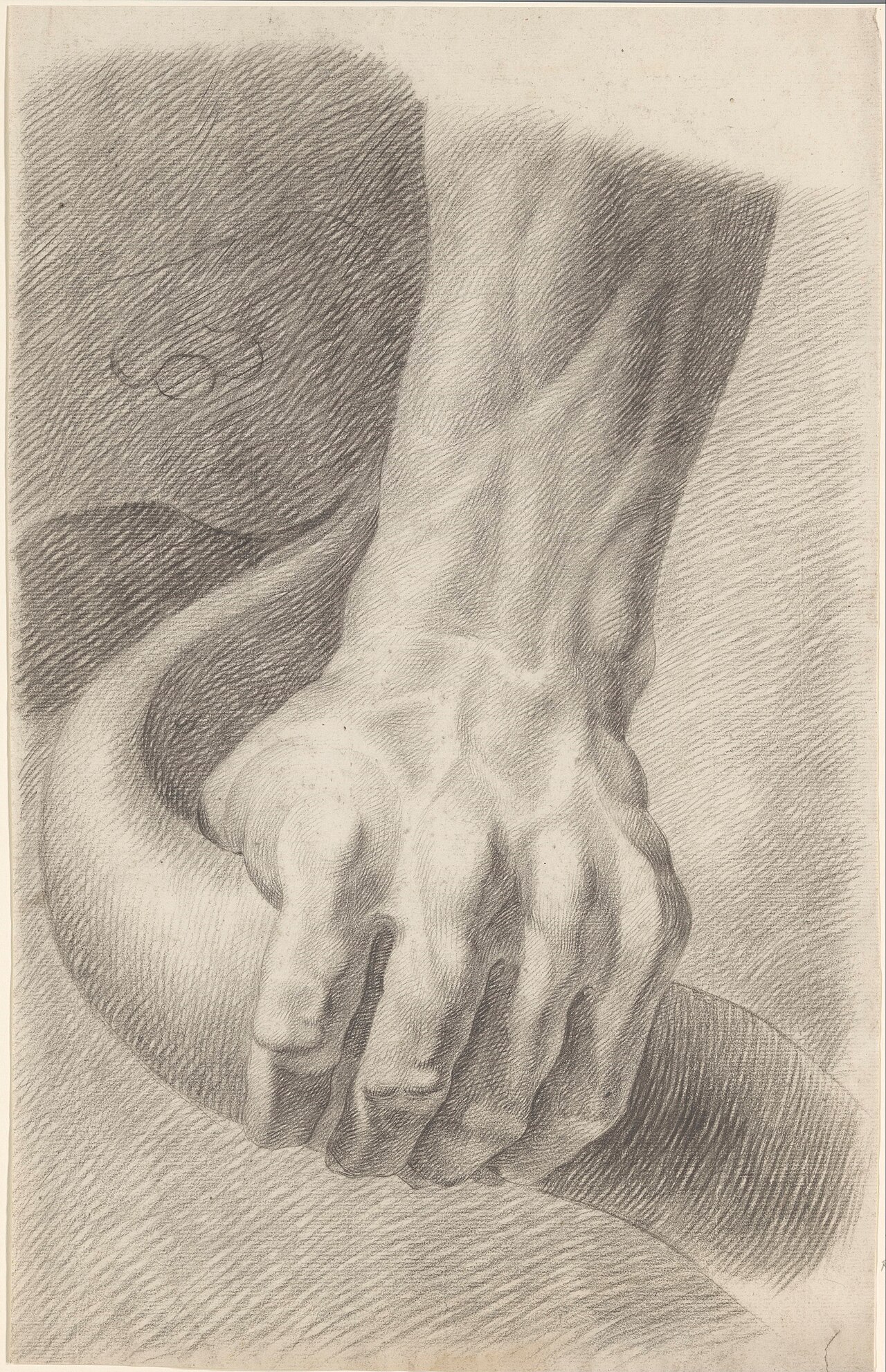Academiestudie naar een gips van een antiek beeld detailstudie van een hand uit de Laocoön, RP-T-1988-44 — Artista ignoto