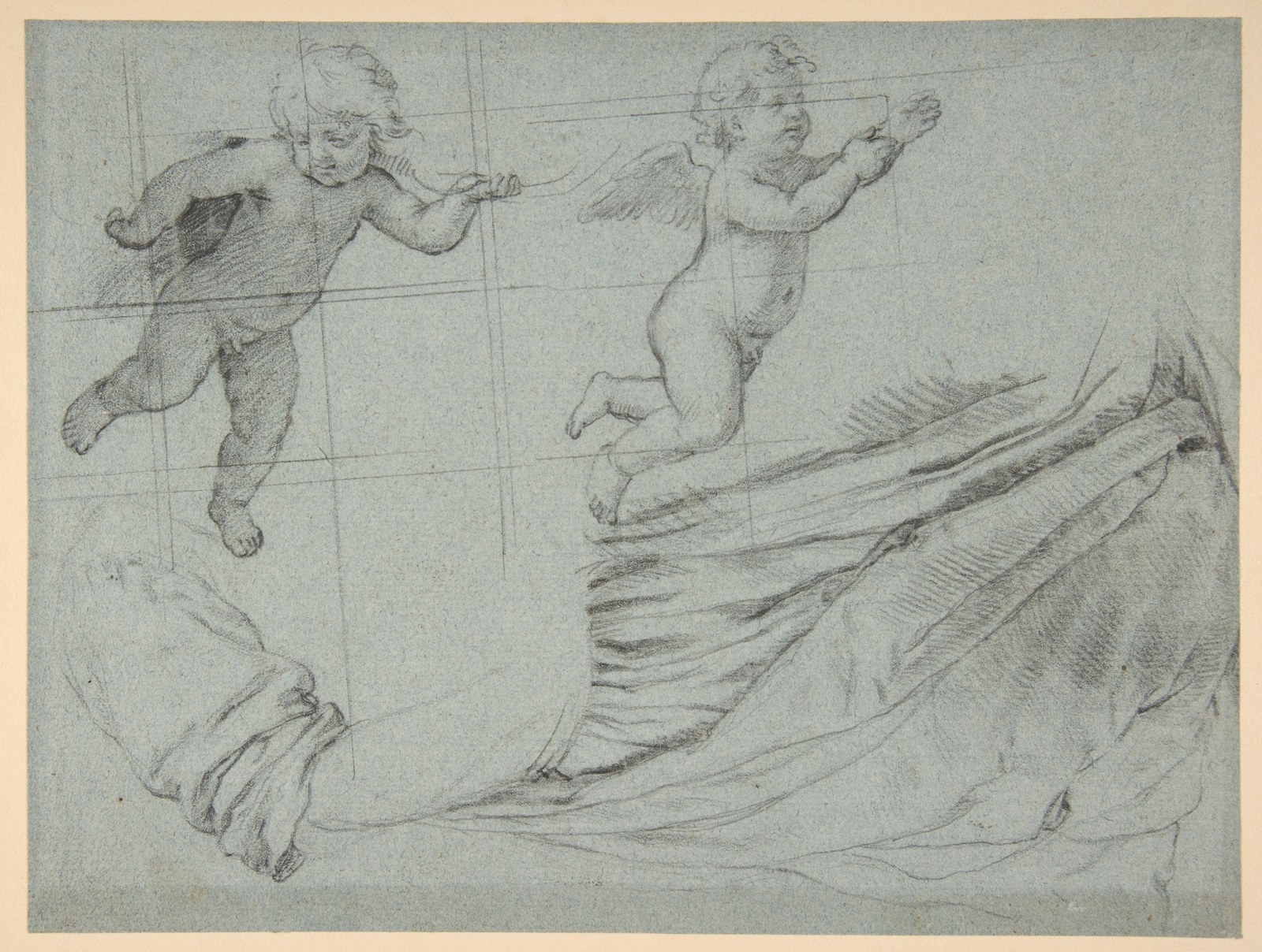 Studies of Two Flying Putti and of Drapery (recto); Seated Virgin and Child, and Kneeling Child (verso) — Sassoferrato