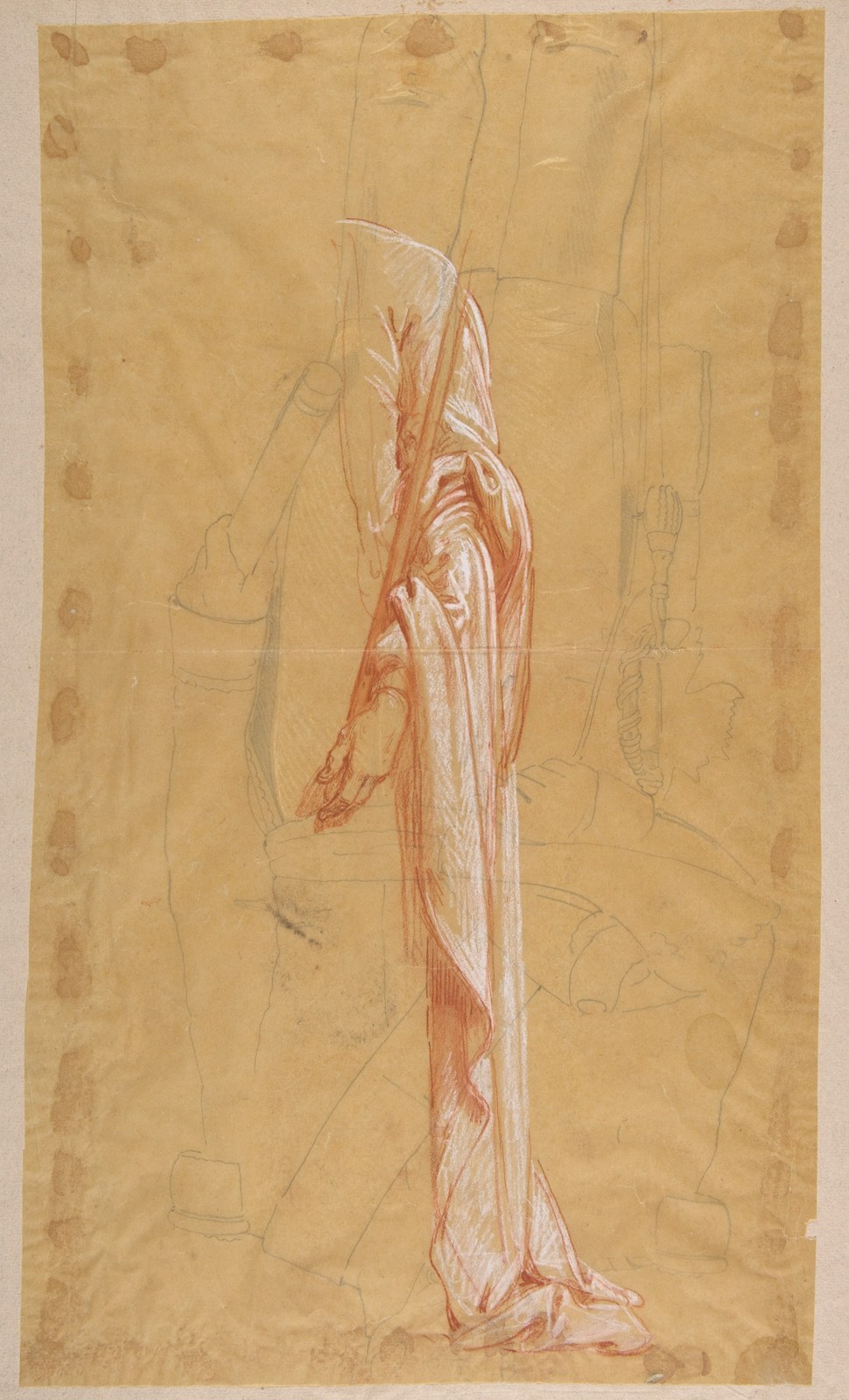 Drapery Study for Sainte-Clotilde (upper register); verso: Standing Soldier; (studies for wall paintings in the Chapel of Saint Remi, Sainte-Clotilde, Paris, 1858) — Isidore Pils