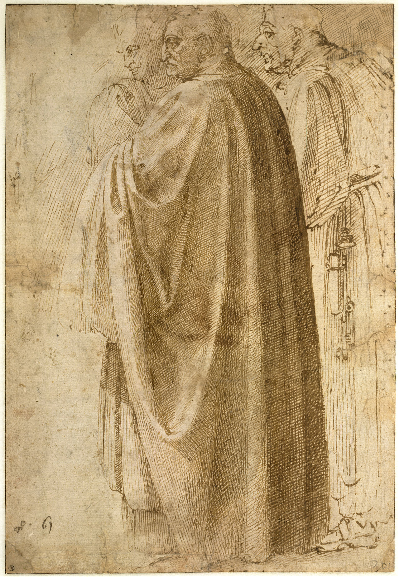 Michelangelo Buonarroti - Three Standing Men in Wide Cloaks Turned to the Left (recto), c. 1492-1496 - Google Art Project — Michelangelo
