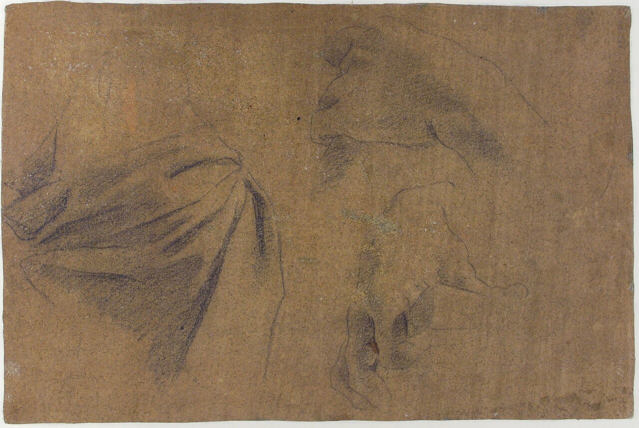 Saint Bartholomew (recto); Study of Drapery and Two Hands (verso) MET 1991.60 VERSO — Carlo Bononi