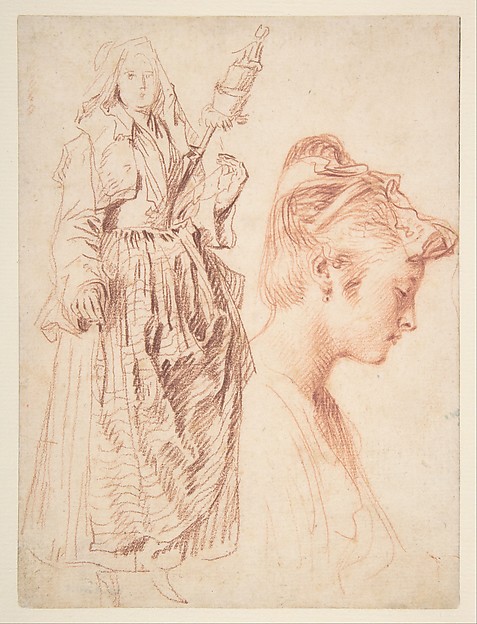 Studies of a Standing Woman Holding a Spindle and a Woman’s Head in Profile to the Right — Antoine Watteau