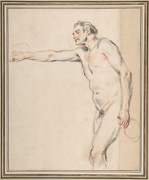 Study of a Nude Man Holding Bottles — Antoine Watteau
