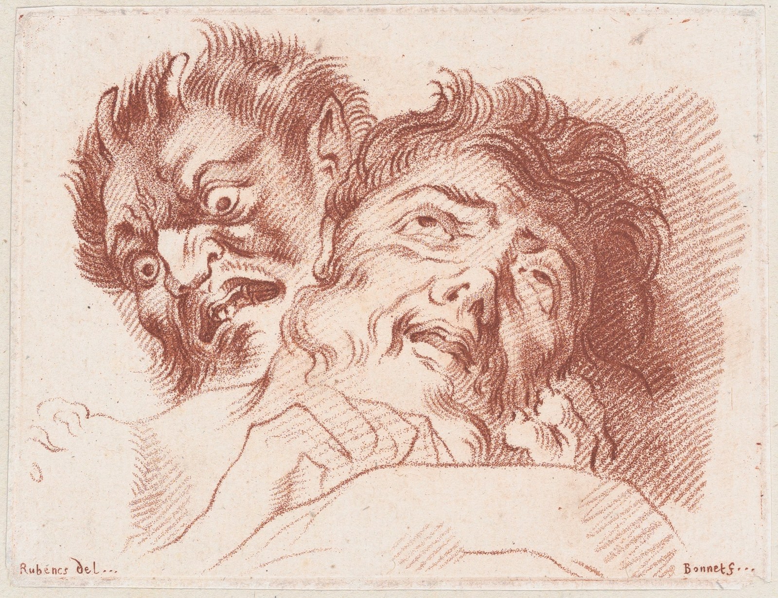 Head of a man and a satyr — Louis Marin Bonnet