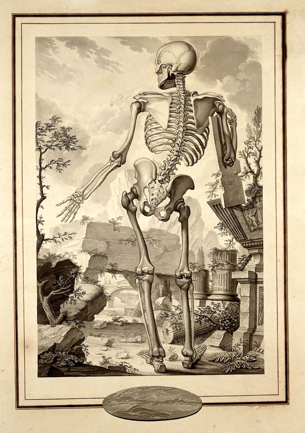 An anatomical figure (skeleton) in a classical landscape. Drawing by A. Joron. — Augustin Joron