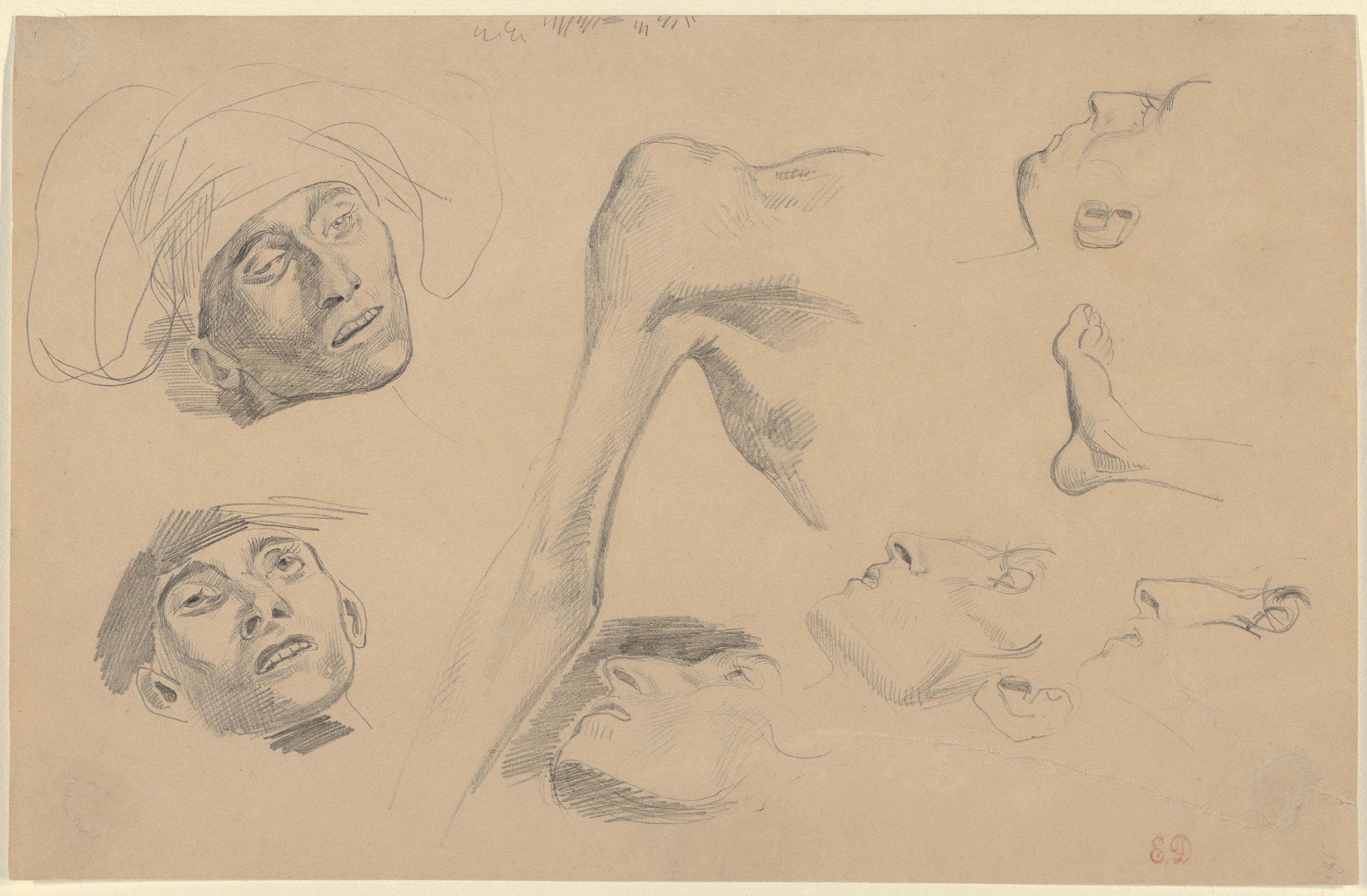 [PIEDI] Head, Shoulder, and Foot, Studies for "Scenes from the Chios Massacres" — Eugène Delacroix