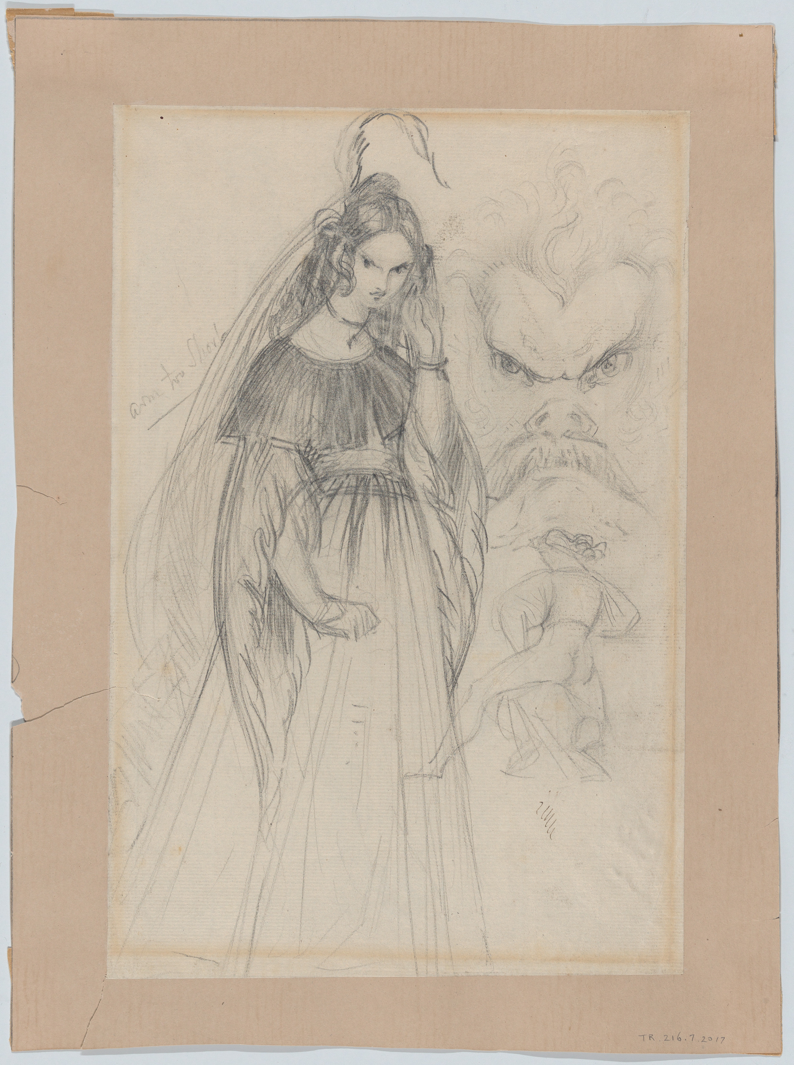 [SCHIENA] A Femme Fatale, a mask-like male face, and male figure seen from behind (recto). An angel descending stairs (verso) — Theodor Richard Edward von Holst
