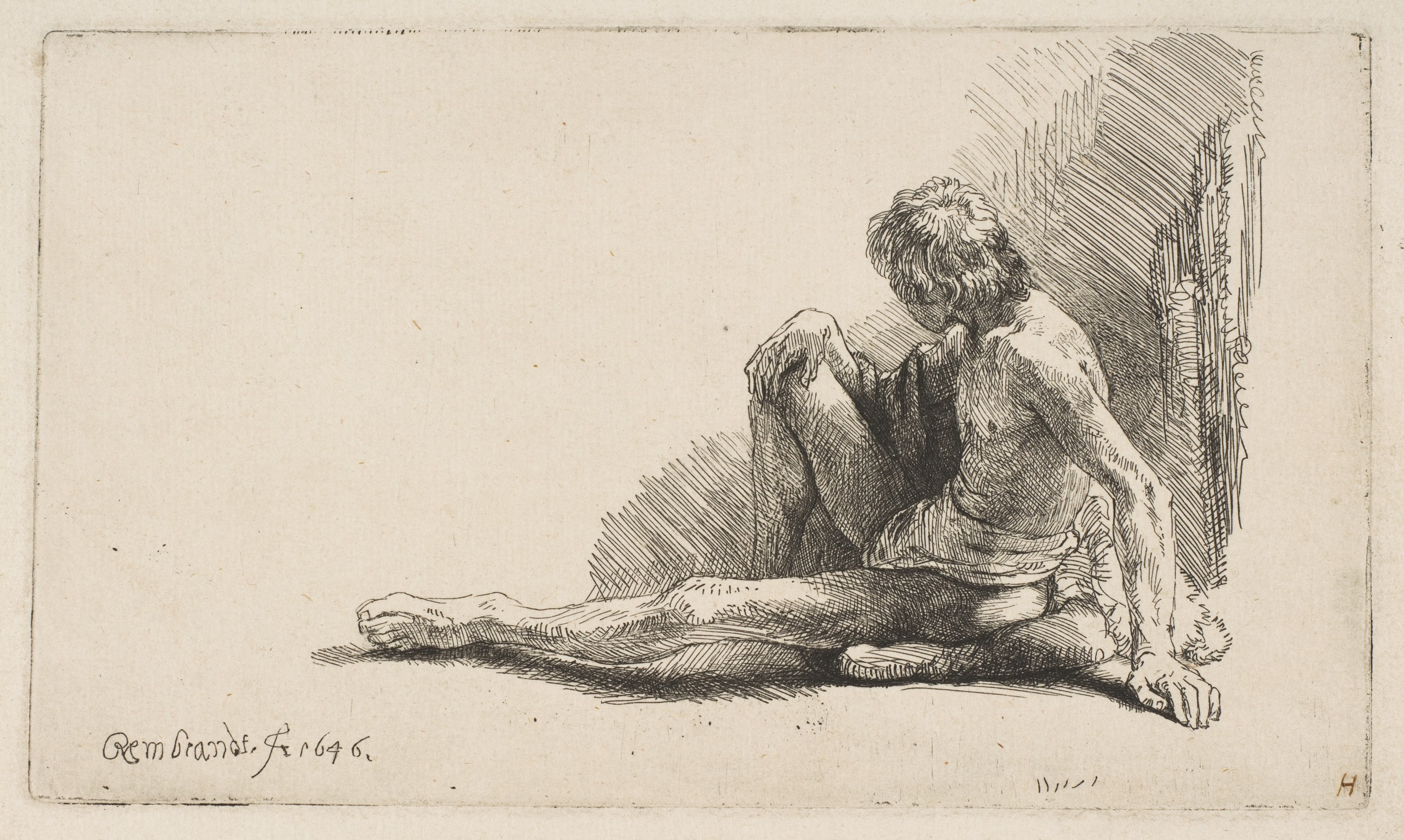 [PIEDI] Study from the Nude: Man Seated on Ground, with One Leg Extended — Rembrandt