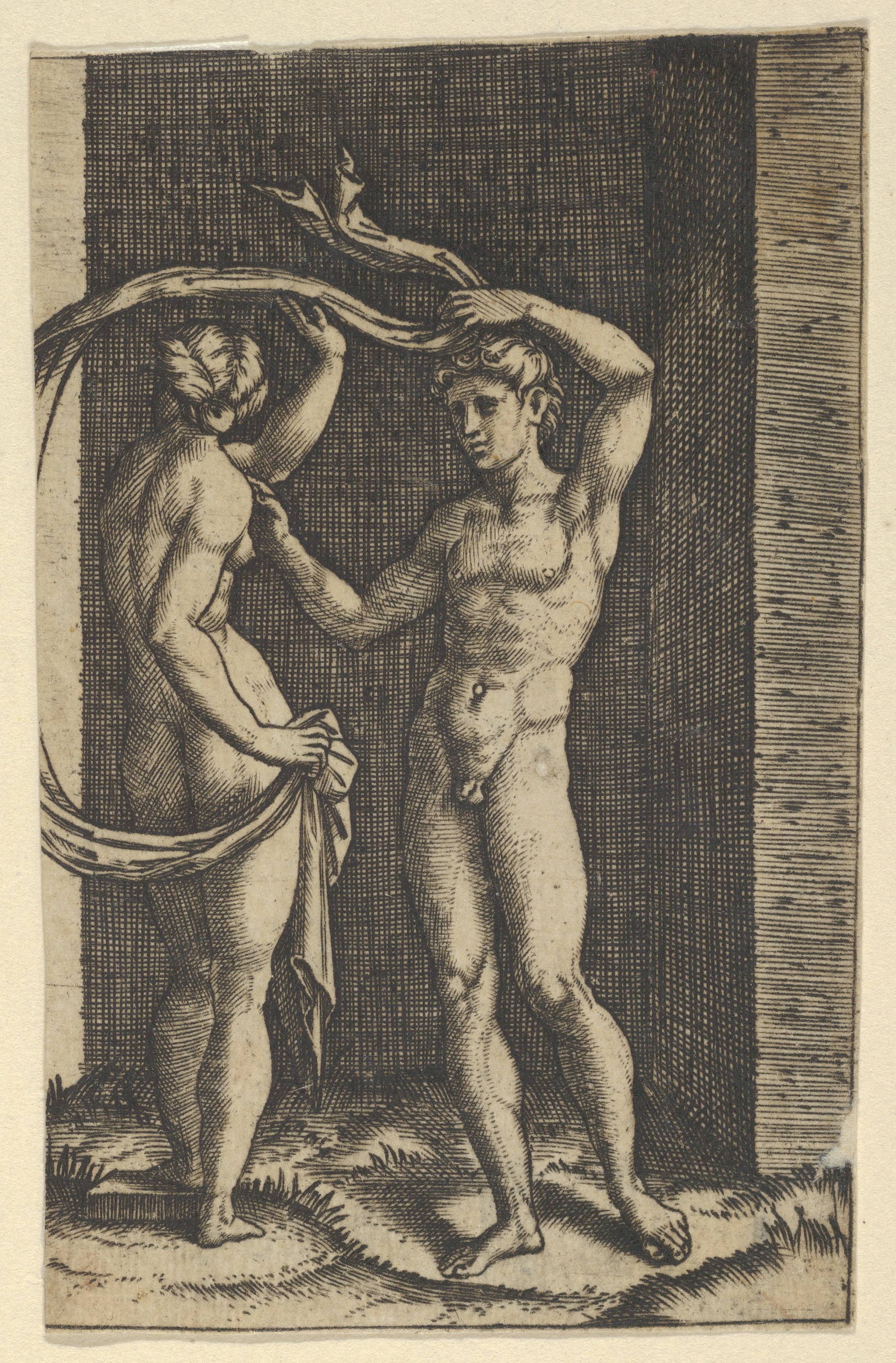 [SCHIENA] Nude woman viewed from behind holding fabric which blows behind her, looking at male nude standing in contrapposto in front of her — Marcantonio Raimondi