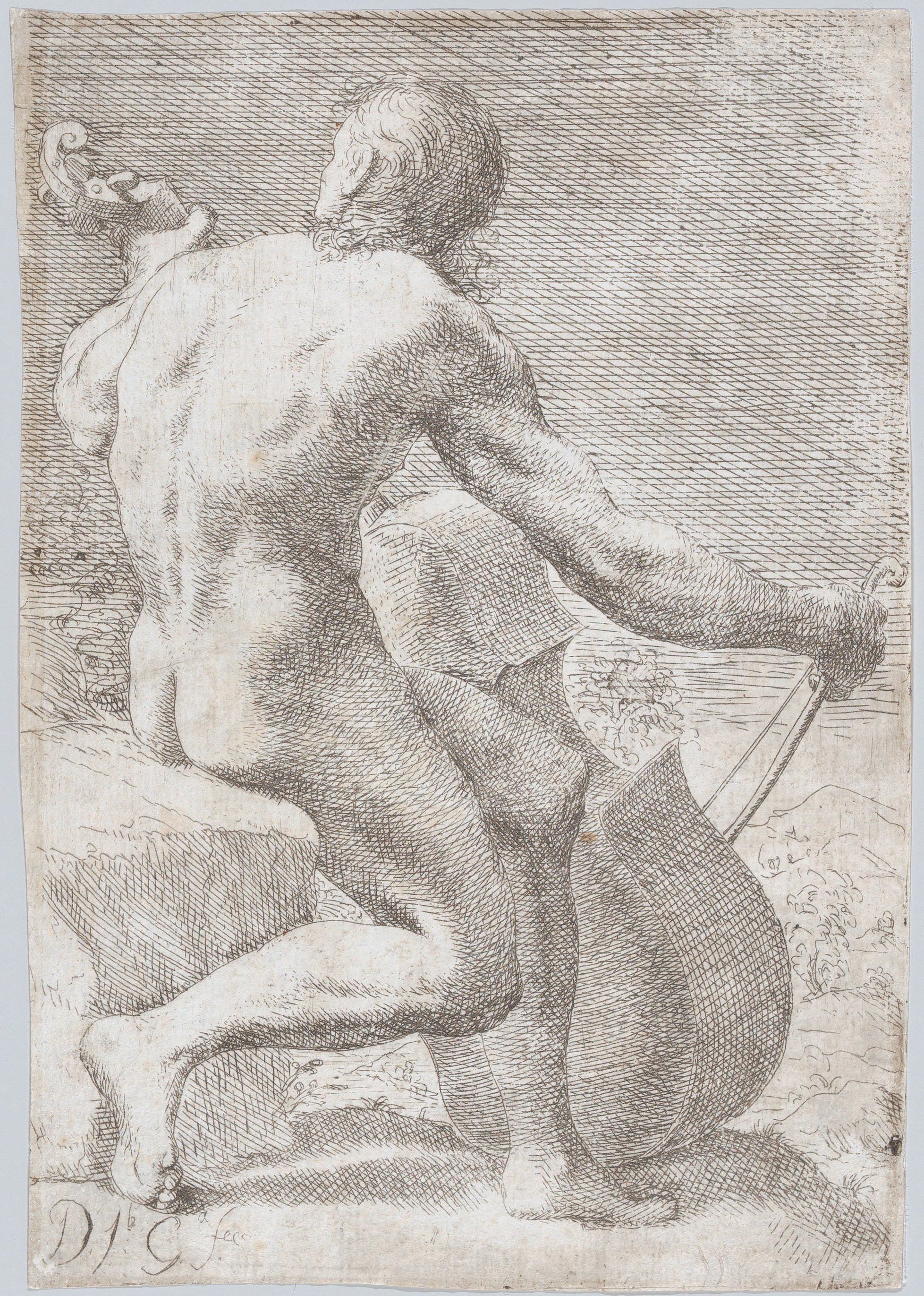 [SCHIENA] Study from behind of a naked man playing a cello, from "Principios para estudiar el Nobilísimo y Real arte de la Pintura" — José García Hidalgo