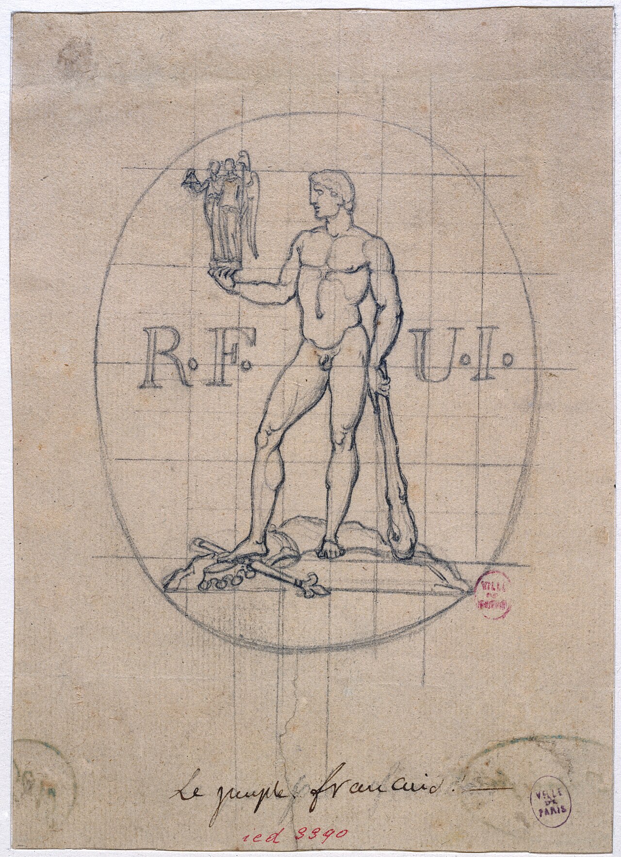 [PIEDI] Etude pour un dessin de filigrane le peuple foulant aux pieds les insignes de la royauté, D.3390 — Augustin Dupré