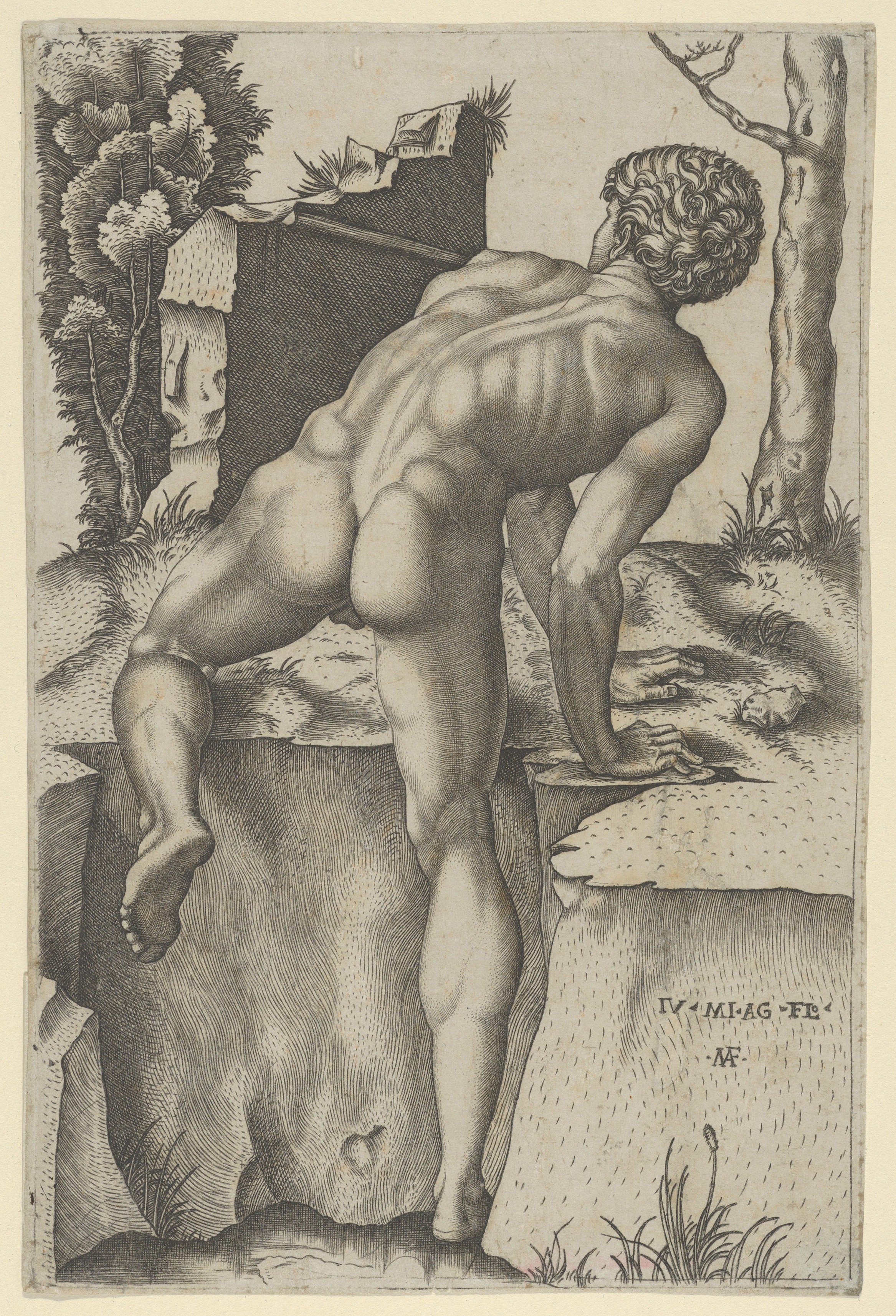 [SCHIENA] Naked man viewed from behind climbing a river bank, after Michelangelo — Marcantonio Raimondi
