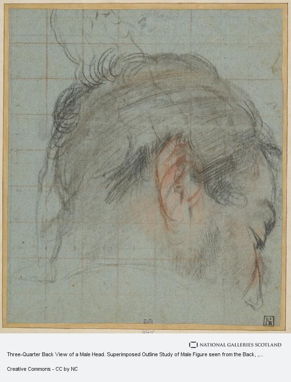[SCHIENA] Barocci - Three-Quarter Back View of a Male Head. Superimposed Outline Study of Male Figure seen from the Back, D 1589 — Federico Barocci