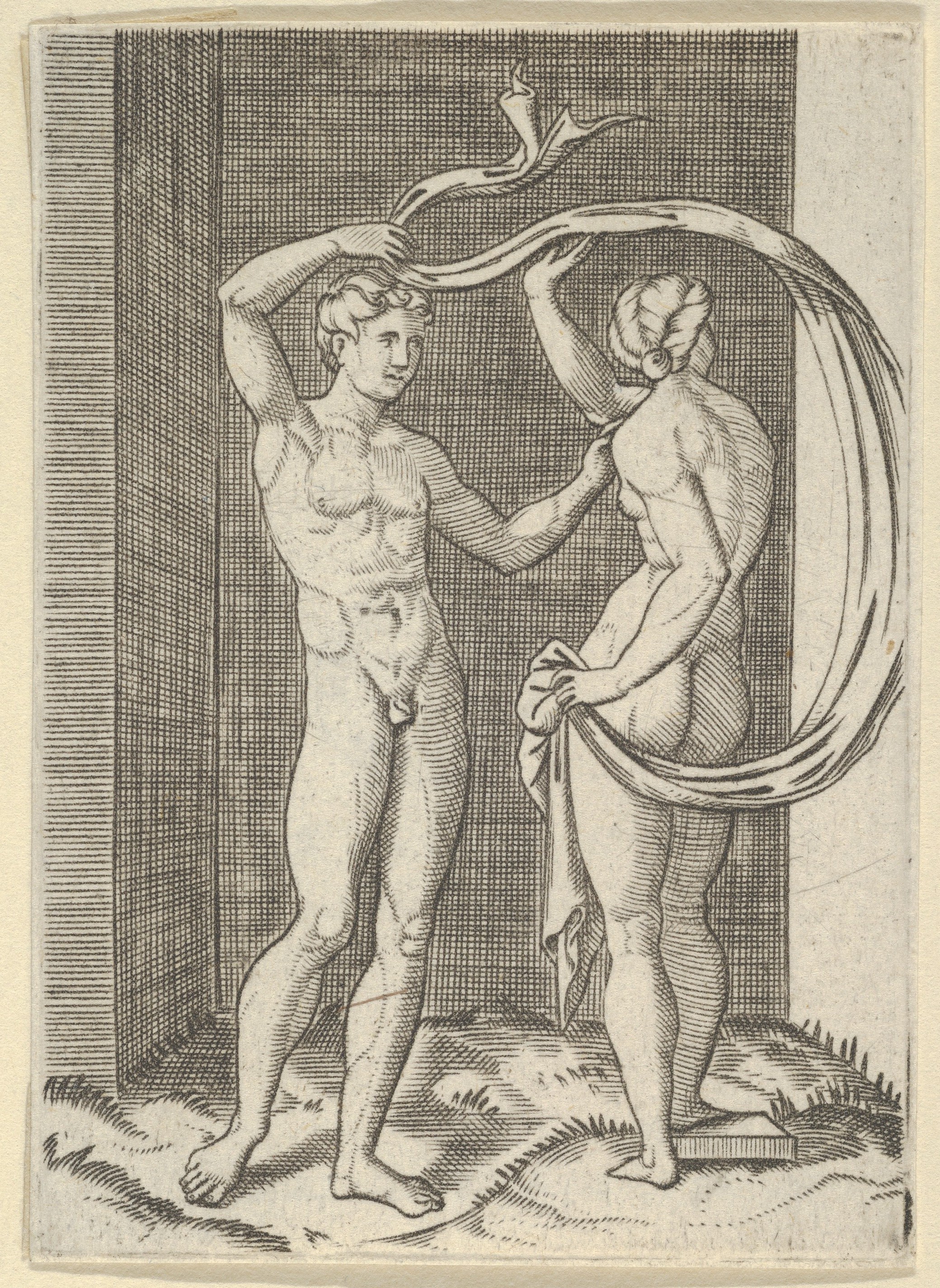 [SCHIENA] Naked woman viewed from behind holding fabric which billows behind her, looking at naked man standing before her — Artista ignoto