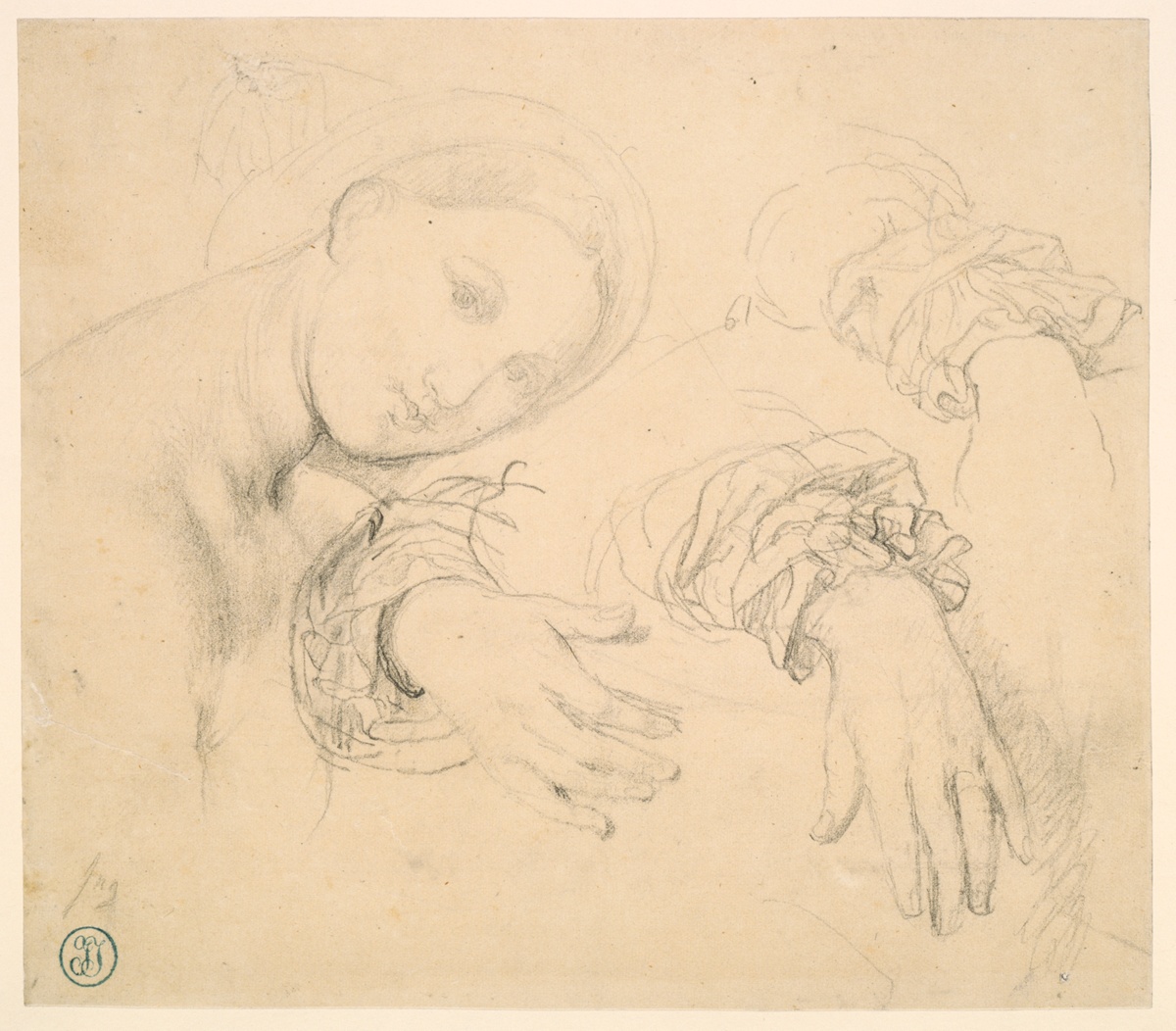 Sheet of Studies with the Head of the Fornarina and Hands of Madame de Senonnes — Jean Auguste Dominique Ingres