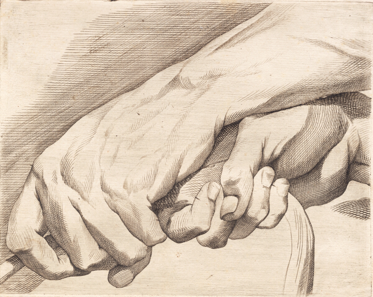 Studieblad af to hænder, der holder om et tov — J.F. Clemens